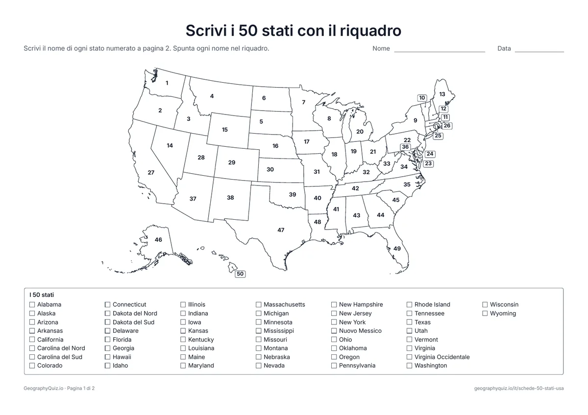 Anteprima della scheda da stampare “Scrivi i 50 stati con il riquadro”: Ogni stato ha un numero