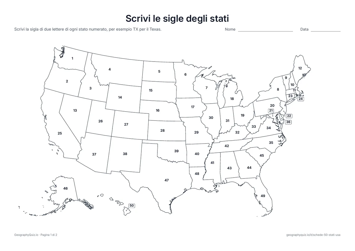 Anteprima della scheda da stampare “Scrivi le sigle degli stati”: Gli stati sono numerati