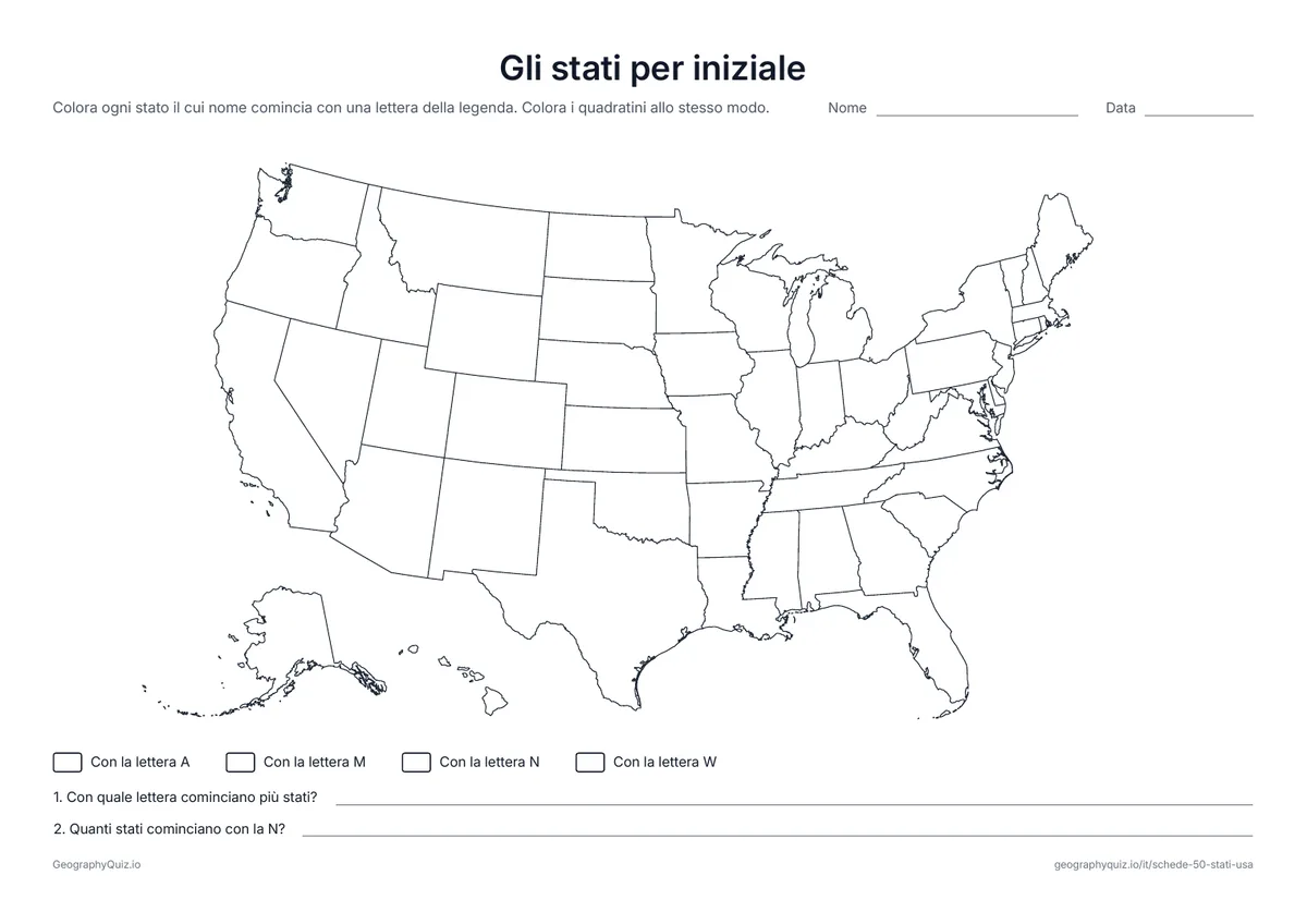 Anteprima della scheda da stampare “Gli stati per iniziale”: Tutti gli stati che cominciano con A, M, N o W si colorano secondo la legenda e si contano