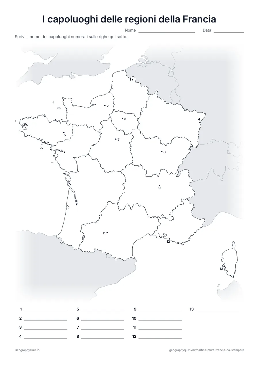 Anteprima della scheda da stampare “I capoluoghi delle regioni della Francia”: Ogni capoluogo è segnato con un punto numerato
