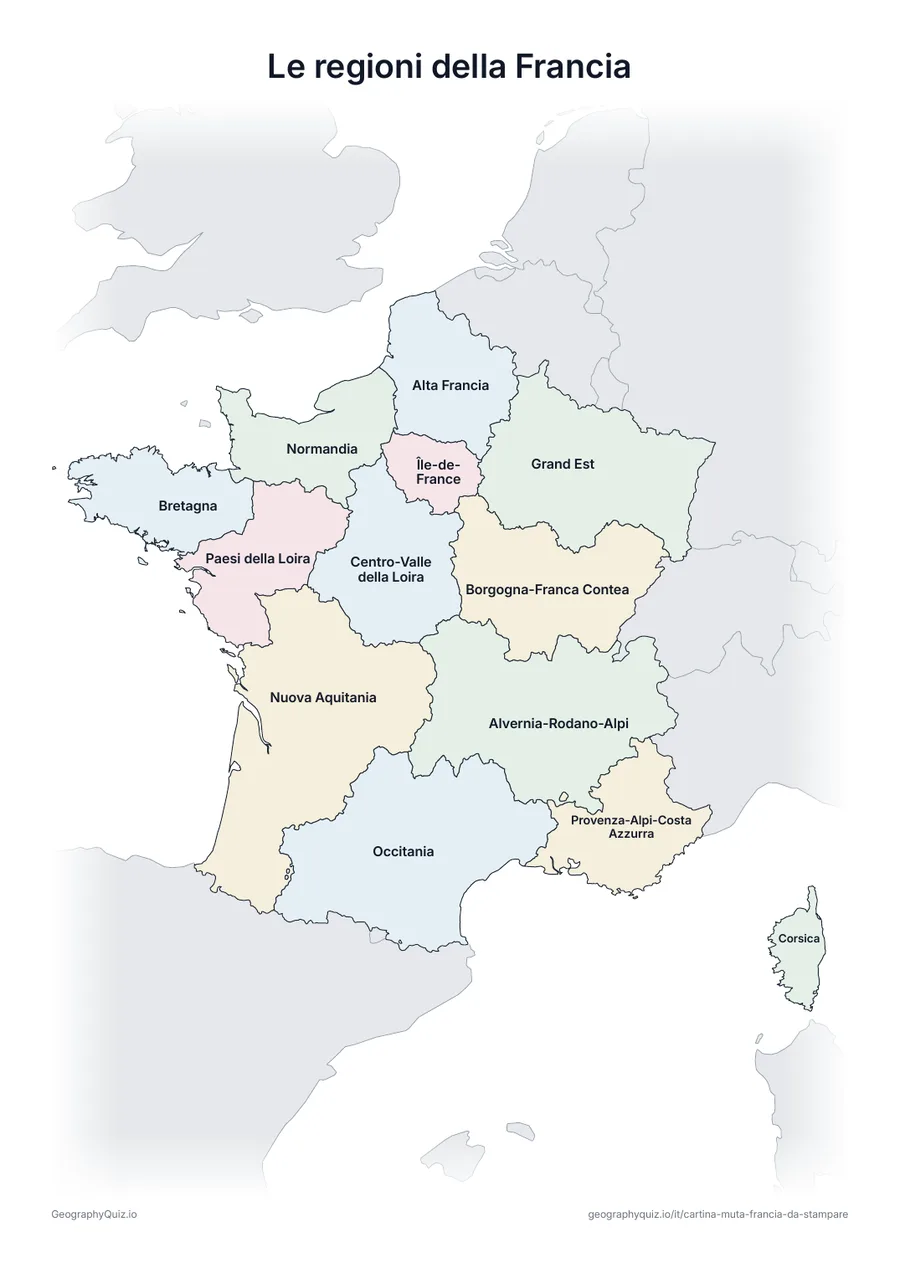 Anteprima della scheda da stampare “Le regioni della Francia”: Cartina della Francia con tutti i nomi: cartina di riferimento per la lezione e per correggere le risposte
