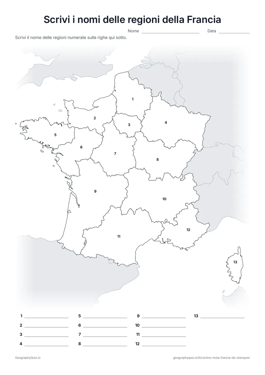 Anteprima della scheda da stampare “Scrivi i nomi delle regioni della Francia”: Cartina con i numeri di tutte le 13 regioni