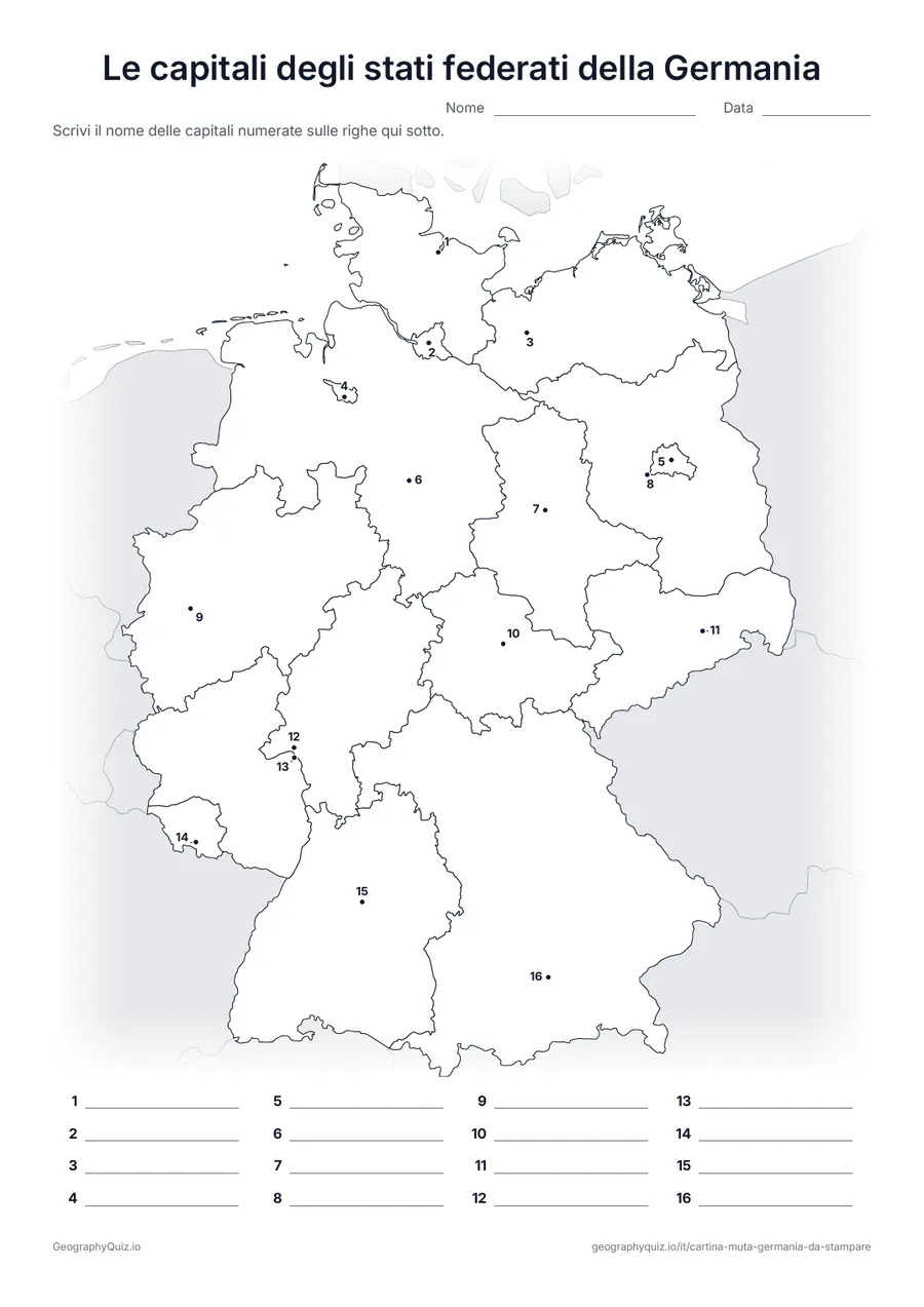 Anteprima della scheda da stampare “Le capitali degli stati federati della Germania”: La capitale di ogni stato federato è segnata con un punto numerato