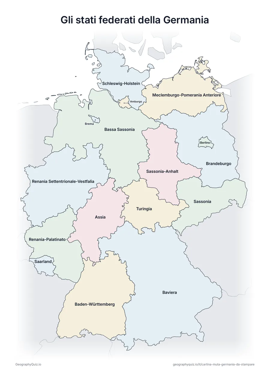 Anteprima della scheda da stampare “Gli stati federati della Germania”: Cartina della Germania con tutti i nomi: cartina di riferimento per la lezione e per correggere le risposte
