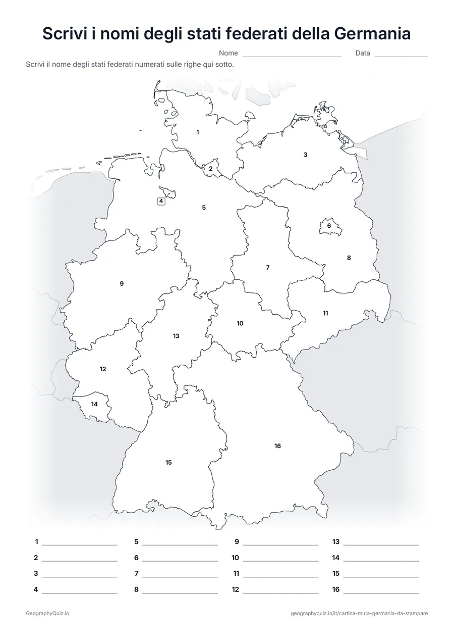 Anteprima della scheda da stampare “Scrivi i nomi degli stati federati della Germania”: Cartina con i numeri di tutti i 16 stati federati (Länder)