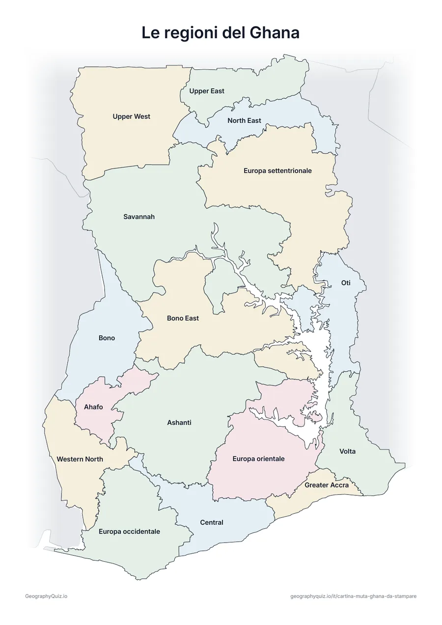Anteprima della scheda da stampare “Le regioni del Ghana”: Cartina del Ghana con tutti i nomi: cartina di riferimento per la lezione e per correggere le risposte