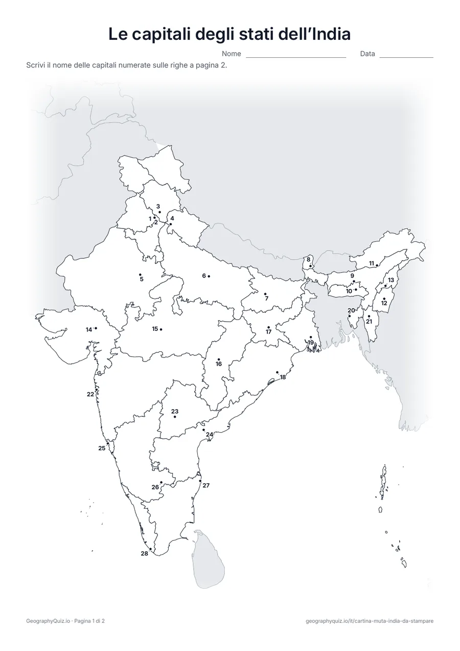 Anteprima della scheda da stampare “Le capitali degli stati dell’India”: La capitale di ognuno dei 28 stati è segnata con un punto numerato