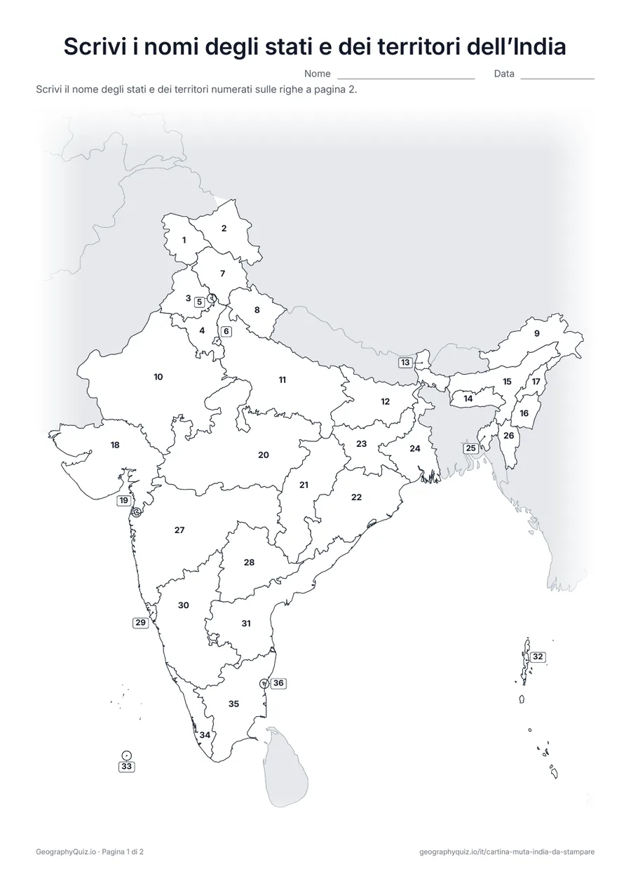 Anteprima della scheda da stampare “Scrivi i nomi degli stati e dei territori dell’India”: Cartina con i numeri di tutti i 28 stati e gli 8 territori dell’Unione