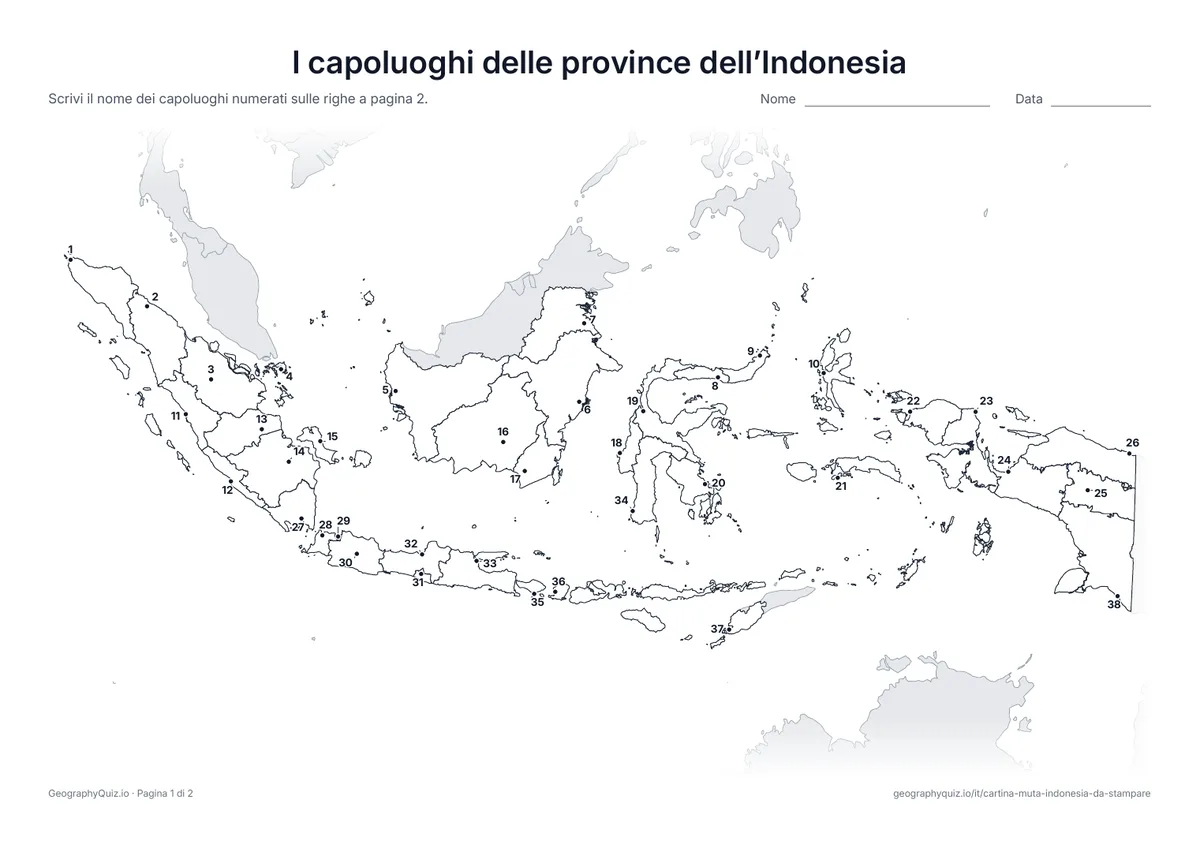 Anteprima della scheda da stampare “I capoluoghi delle province dell’Indonesia”: Ogni capoluogo è segnato con un punto numerato