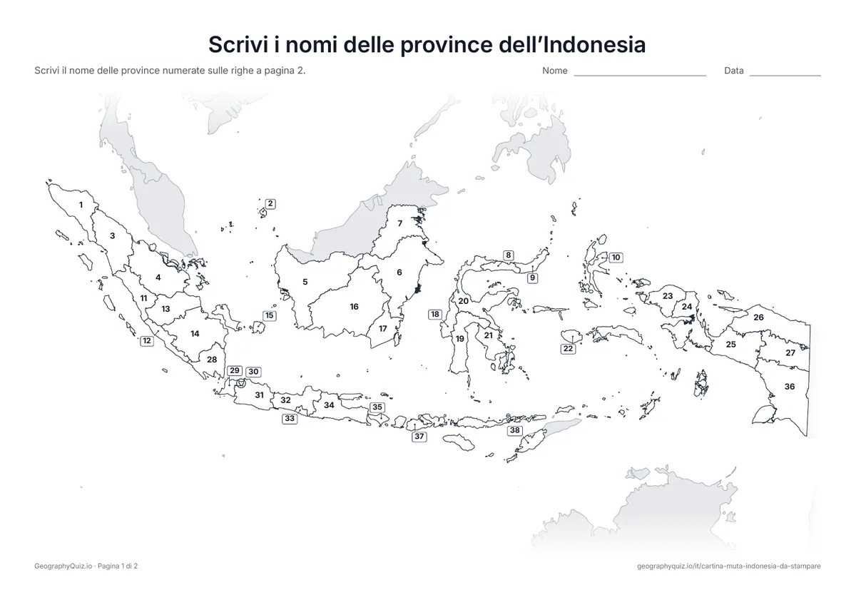 Anteprima della scheda da stampare “Scrivi i nomi delle province dell’Indonesia”: Cartina con i numeri di tutte le 38 province