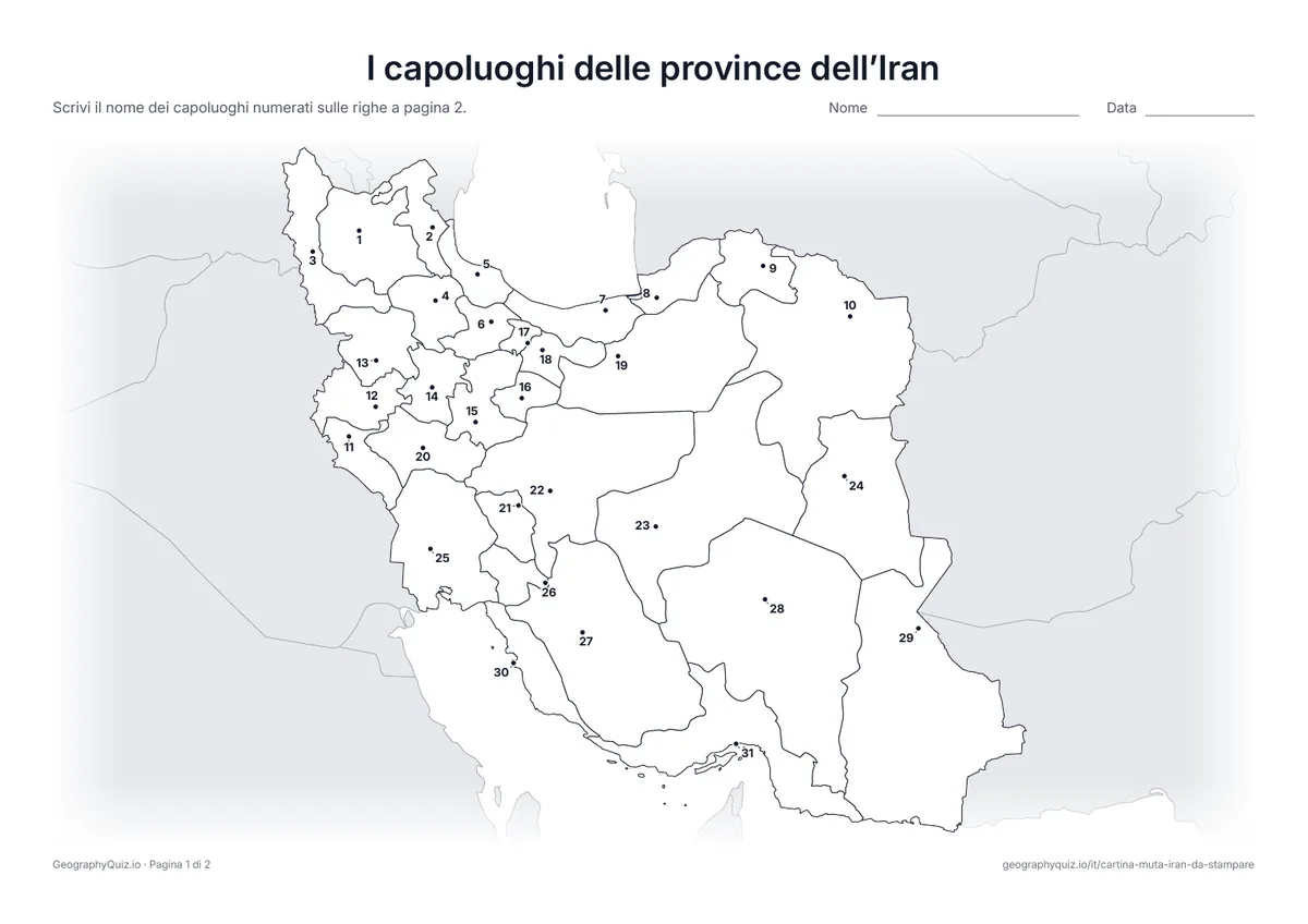 Anteprima della scheda da stampare “I capoluoghi delle province dell’Iran”: Ogni capoluogo è segnato con un punto numerato