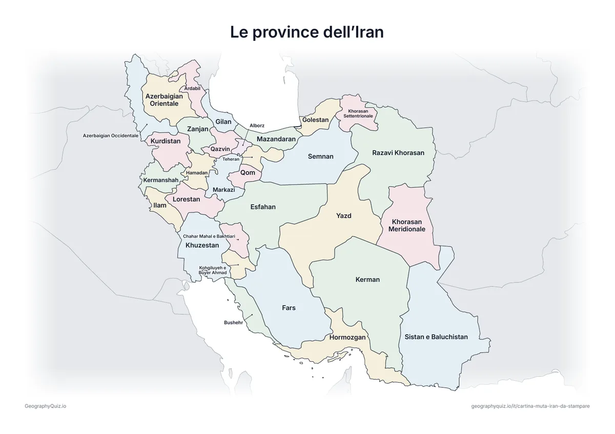 Anteprima della scheda da stampare “Le province dell’Iran”: Cartina dell’Iran con tutti i nomi: cartina di riferimento per la lezione e per correggere le risposte