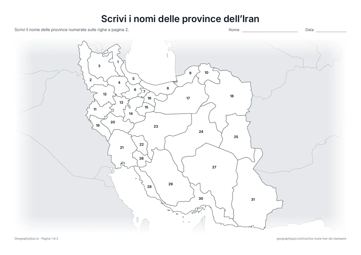 Anteprima della scheda da stampare “Scrivi i nomi delle province dell’Iran”: Cartina con i numeri di tutte le 31 province