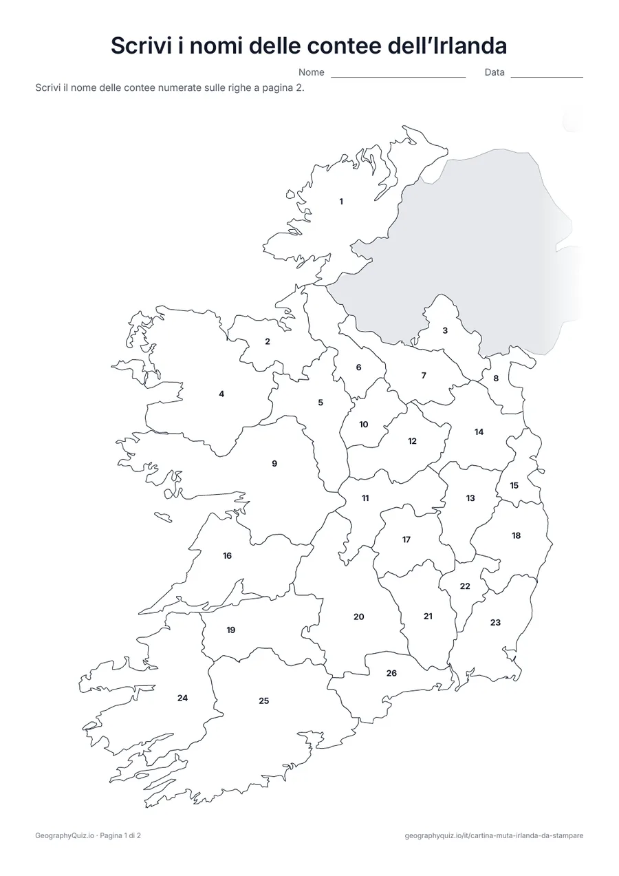 Anteprima della scheda da stampare “Scrivi i nomi delle contee dell’Irlanda”: Cartina con i numeri di tutte le 26 contee