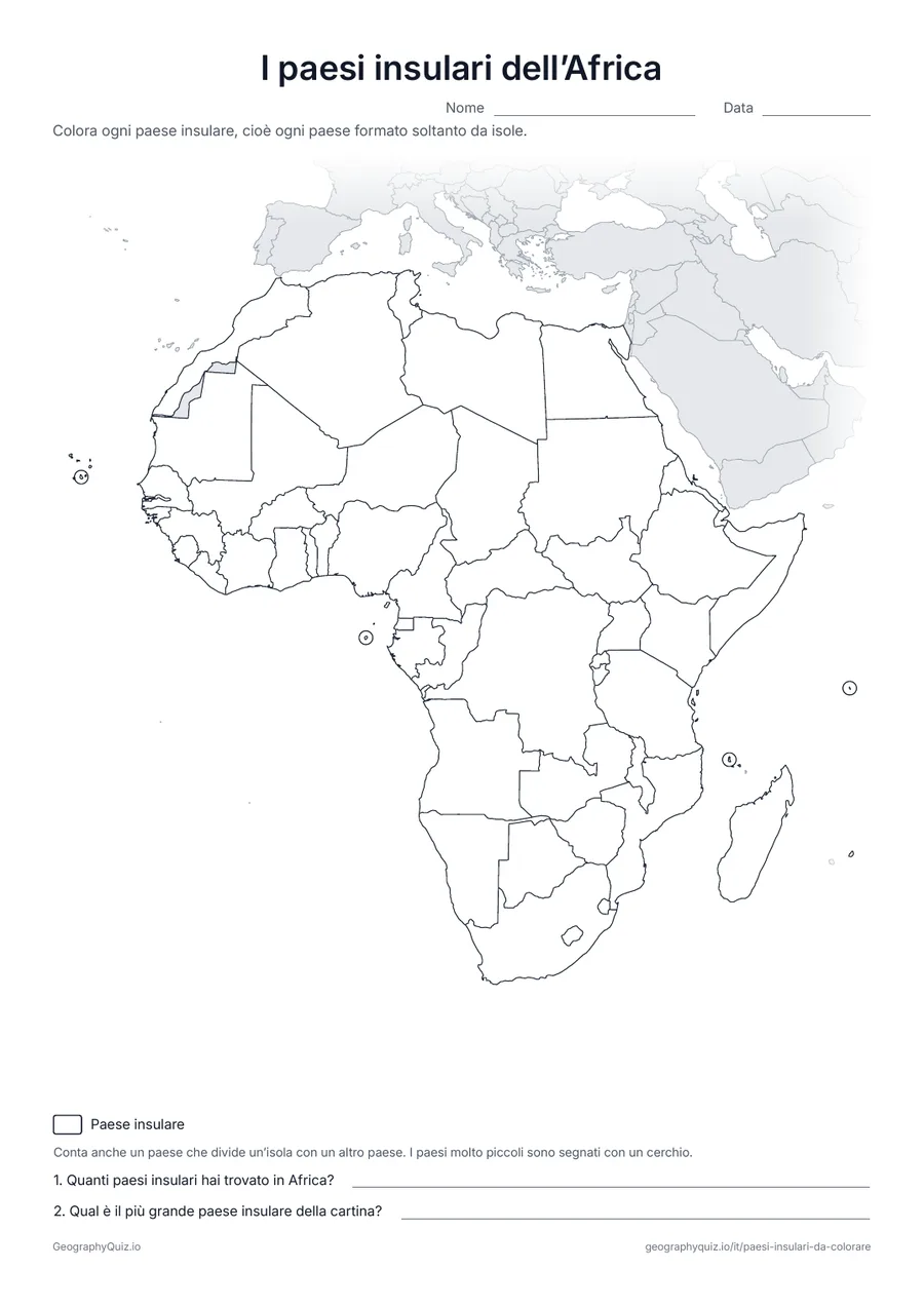 Anteprima della scheda da stampare “I paesi insulari dell’Africa”: Cartina muta dell’Africa; i paesi insulari dell’Atlantico e dell’Oceano Indiano sono segnati con un cerchio