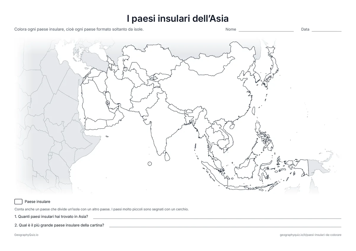Anteprima della scheda da stampare “I paesi insulari dell’Asia”: Cartina muta dell’Asia per colorare i paesi insulari, dal Giappone alle Maldive