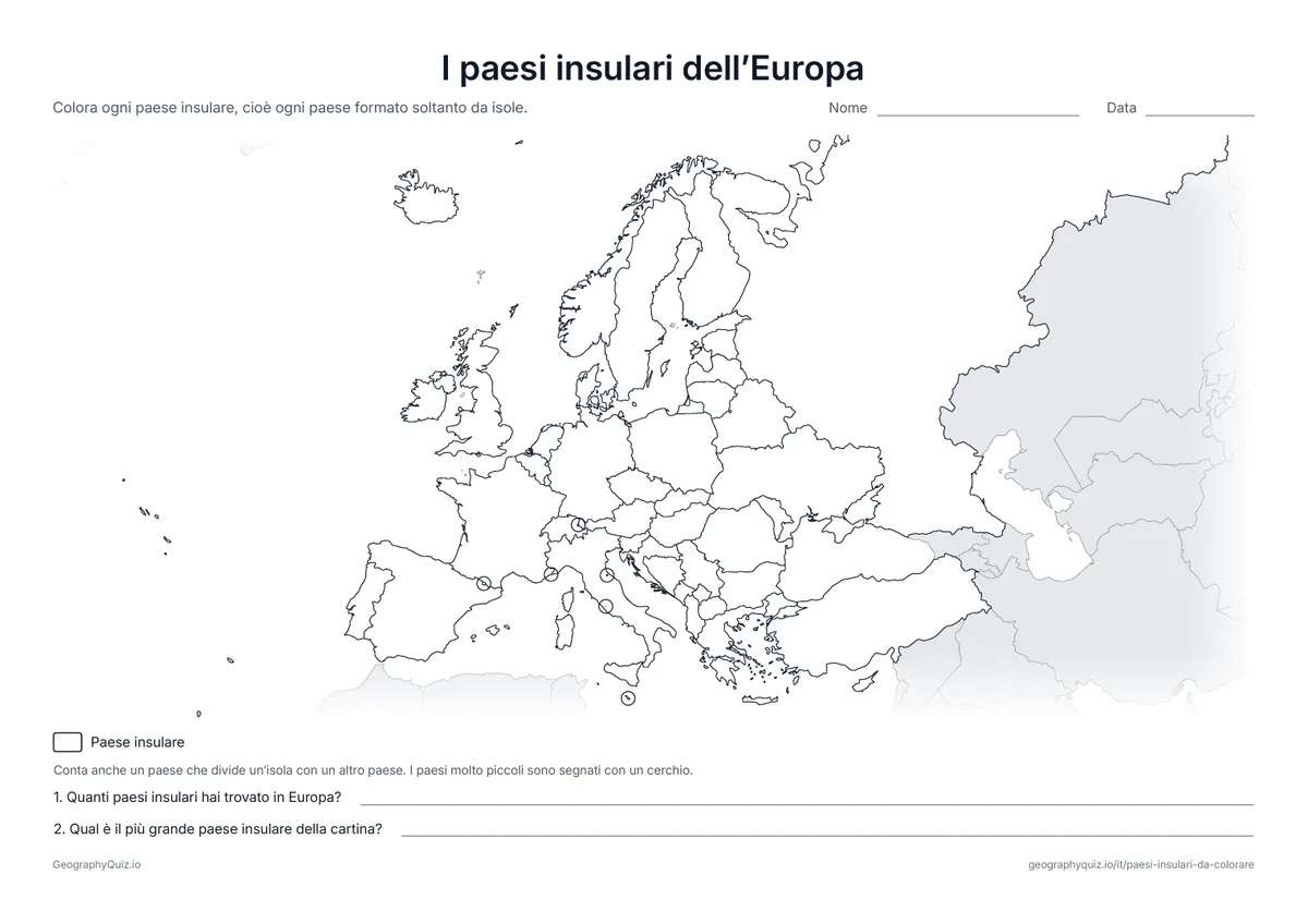 Anteprima della scheda da stampare “I paesi insulari dell’Europa”: Cartina muta dell’Europa per colorare i paesi insulari, dall’Islanda a Cipro