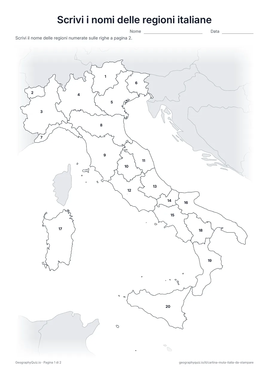 Anteprima della scheda da stampare “Scrivi i nomi delle regioni italiane”: Cartina con i numeri di tutte le 20 regioni