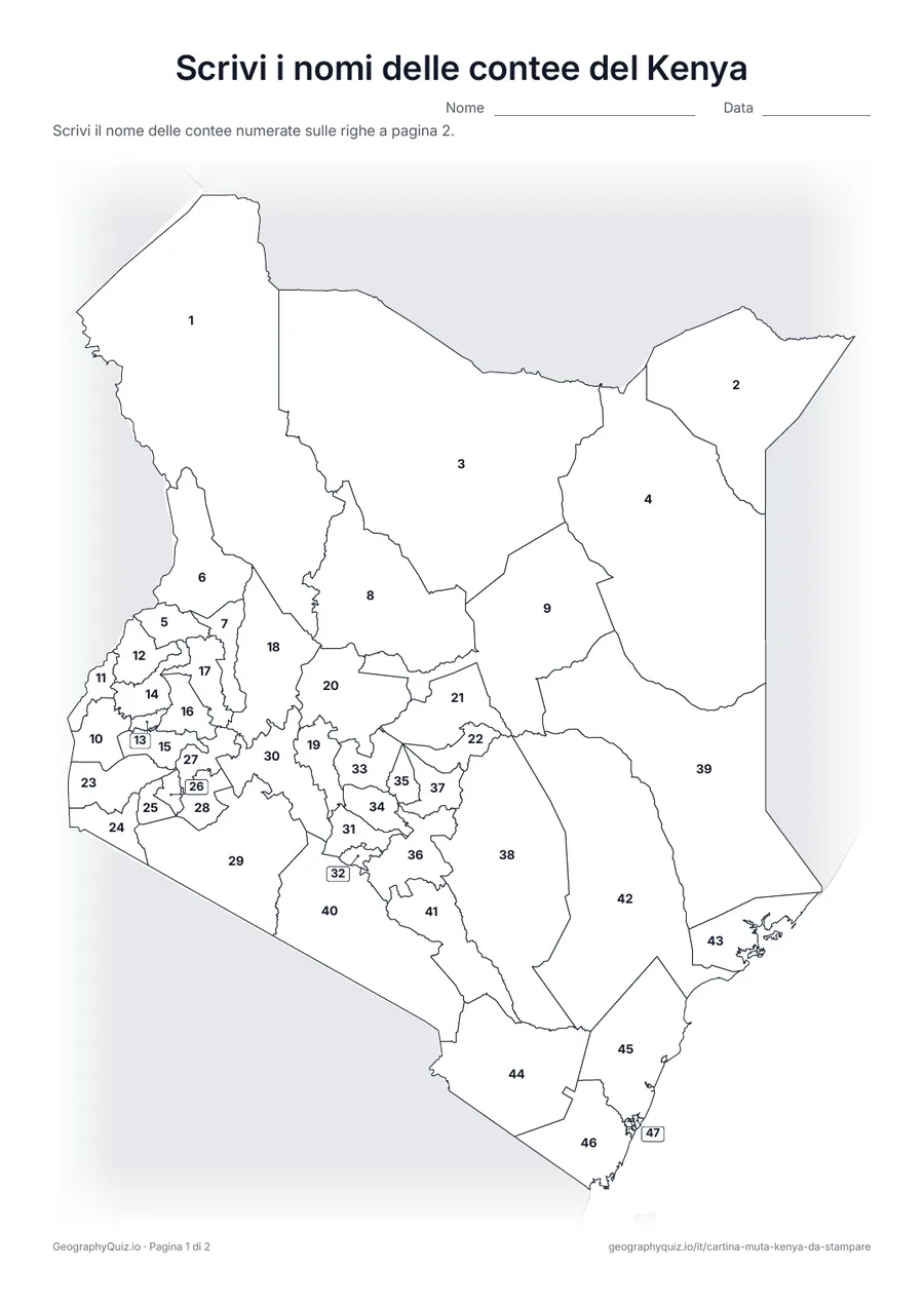 Anteprima della scheda da stampare “Scrivi i nomi delle contee del Kenya”: Cartina con i numeri di tutte le 47 contee