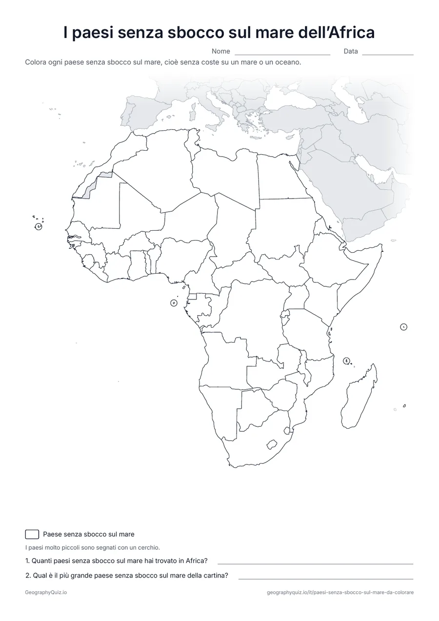 Anteprima della scheda da stampare “I paesi senza sbocco sul mare dell’Africa”: Cartina muta dell’Africa, il continente con più paesi senza sbocco sul mare