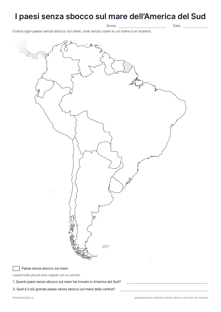 Anteprima della scheda da stampare “I paesi senza sbocco sul mare dell’America del Sud”: Cartina muta dell’America del Sud con i suoi 12 paesi: una breve introduzione per i più piccoli