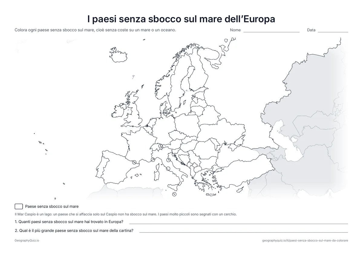 Anteprima della scheda da stampare “I paesi senza sbocco sul mare dell’Europa”: Cartina muta dell’Europa per colorare i paesi senza sbocco sul mare, microstati compresi