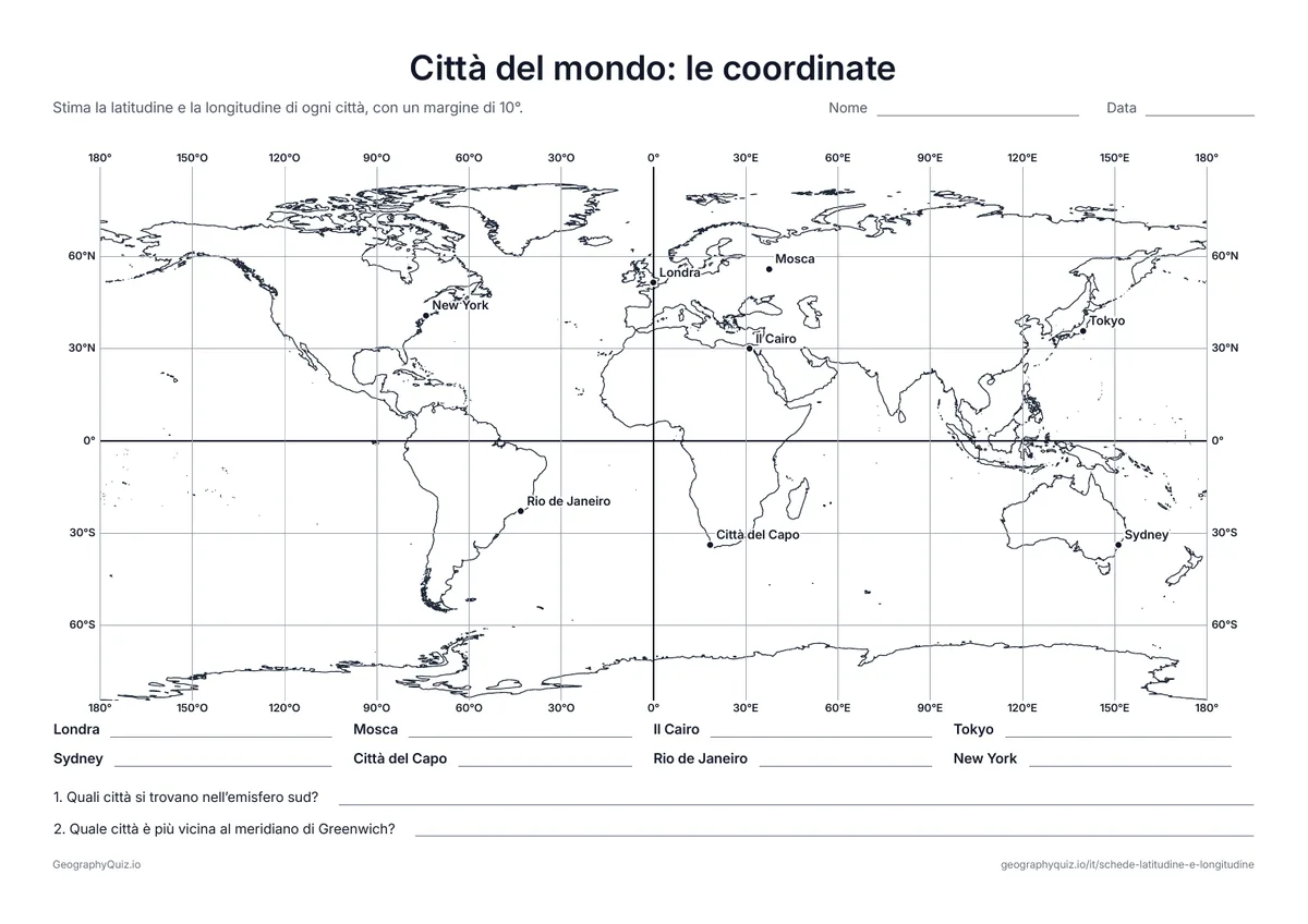 Anteprima della scheda da stampare “Città del mondo: le coordinate”: Otto città del mondo su un reticolato di 30°