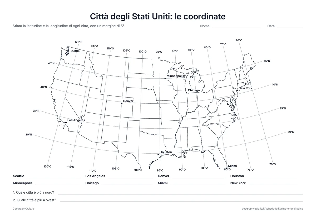 Anteprima della scheda da stampare “Città degli Stati Uniti: le coordinate”: Cartina dei 48 stati contigui con linee ogni 5°