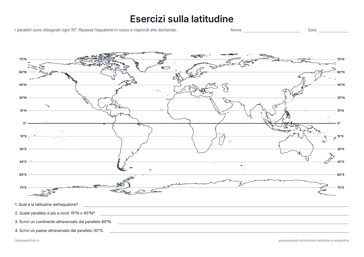 Anteprima della scheda da stampare “Esercizi sulla latitudine”: Planisfero con i paralleli ogni 15°, indicati alle due estremità, e quattro domande per imparare a leggerli