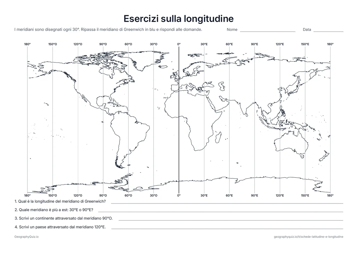 Anteprima della scheda da stampare “Esercizi sulla longitudine”: Planisfero con i meridiani ogni 30°, indicati in alto e in basso, e quattro domande per imparare a leggerli