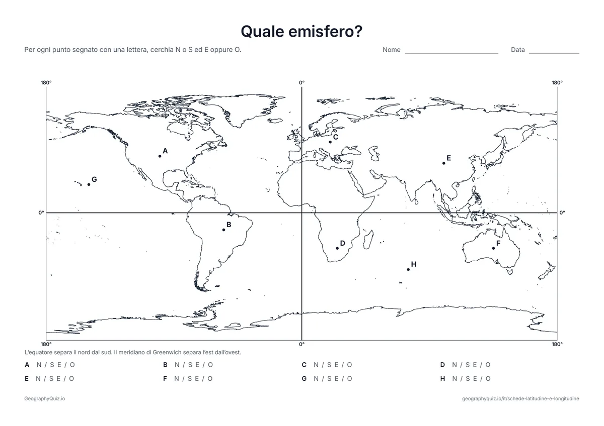 Anteprima della scheda da stampare “Quale emisfero?”: L’equatore e il meridiano di Greenwich dividono la cartina in quattro parti