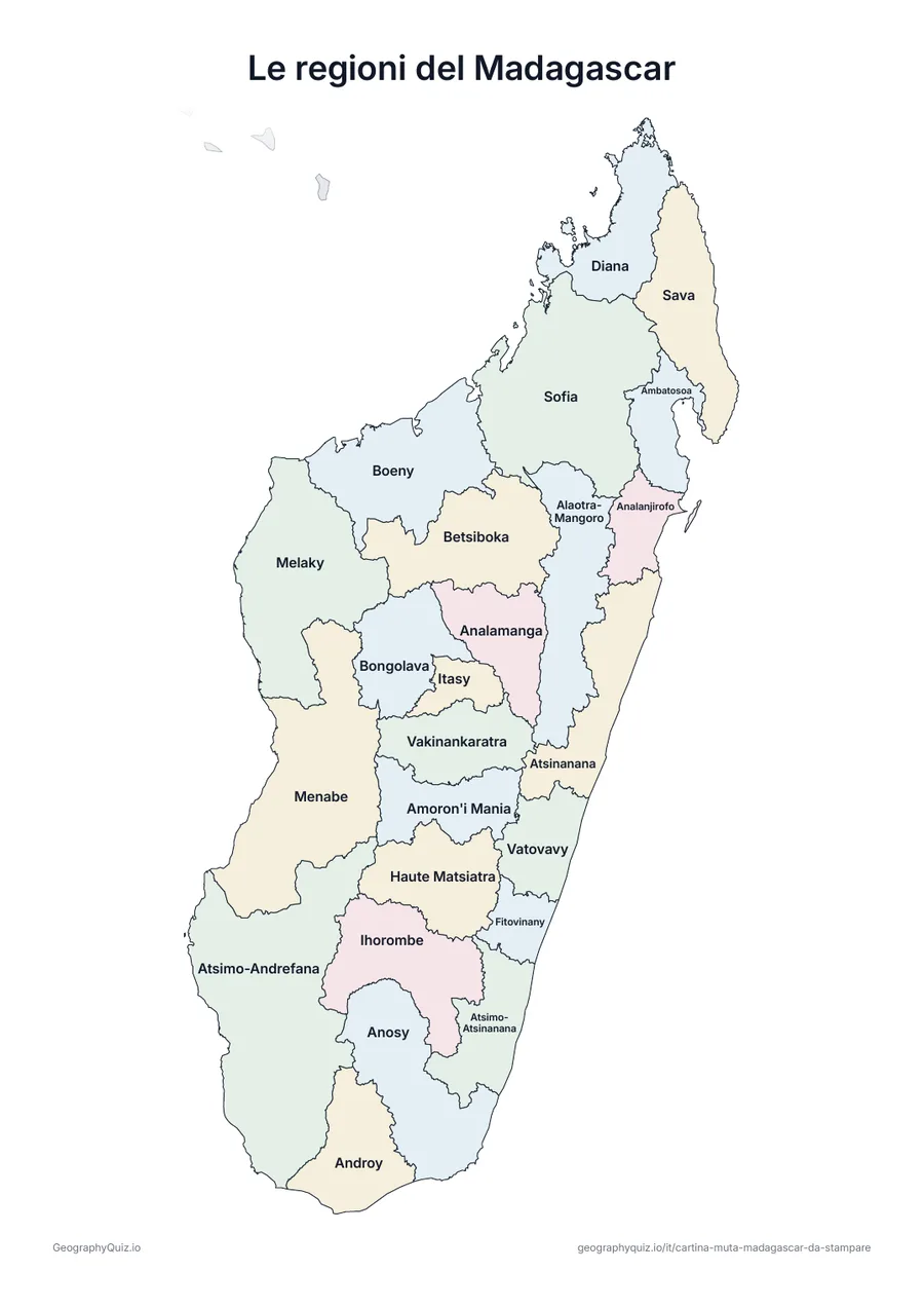 Anteprima della scheda da stampare “Le regioni del Madagascar”: Cartina del Madagascar con tutti i nomi: cartina di riferimento per la lezione e per correggere le risposte