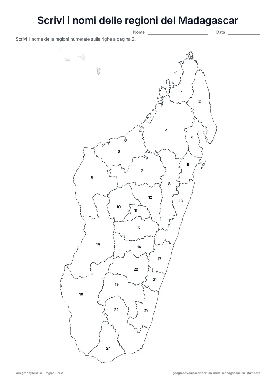 Anteprima della scheda da stampare “Scrivi i nomi delle regioni del Madagascar”: Cartina con i numeri di tutte le 24 regioni