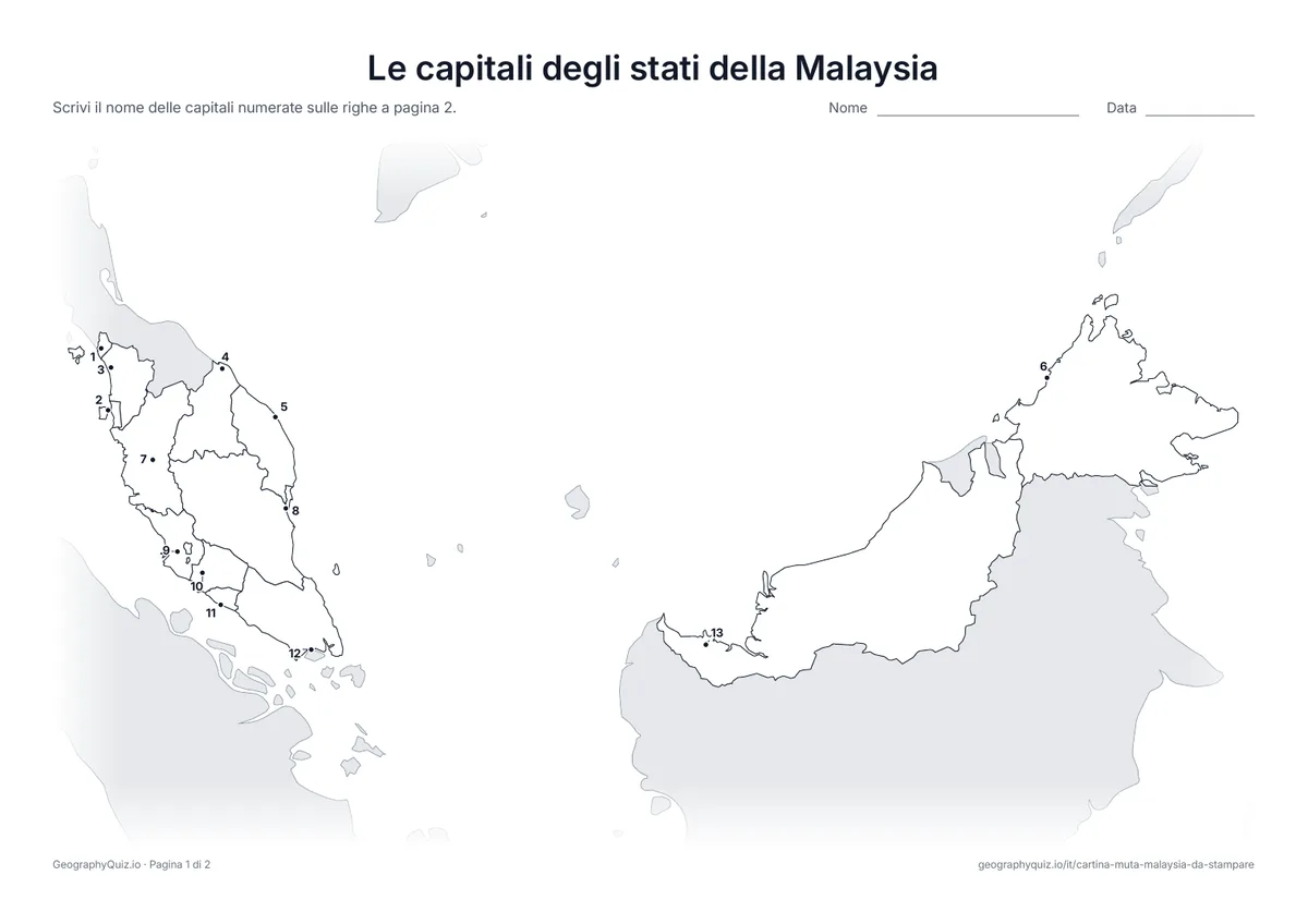Anteprima della scheda da stampare “Le capitali degli stati della Malaysia”: La capitale di ognuno dei 13 stati è segnata con un punto numerato