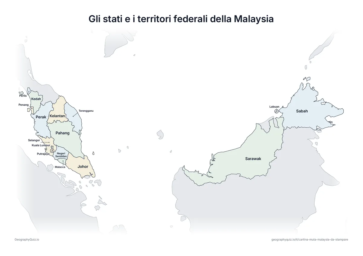 Anteprima della scheda da stampare “Gli stati e i territori federali della Malaysia”: Cartina della Malaysia con tutti i nomi: cartina di riferimento per la lezione e per correggere le risposte