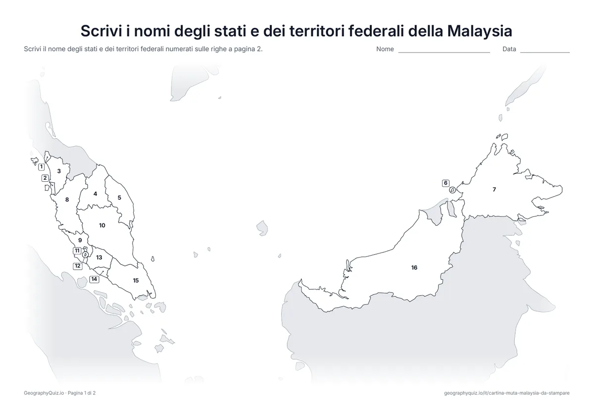 Anteprima della scheda da stampare “Scrivi i nomi degli stati e dei territori federali della Malaysia”: Cartina con i numeri di tutti i 13 stati e i 3 territori federali