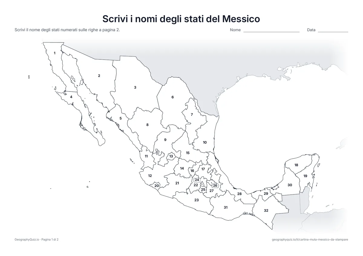 Anteprima della scheda da stampare “Scrivi i nomi degli stati del Messico”: Cartina con i numeri di tutti i 31 stati e Città del Messico