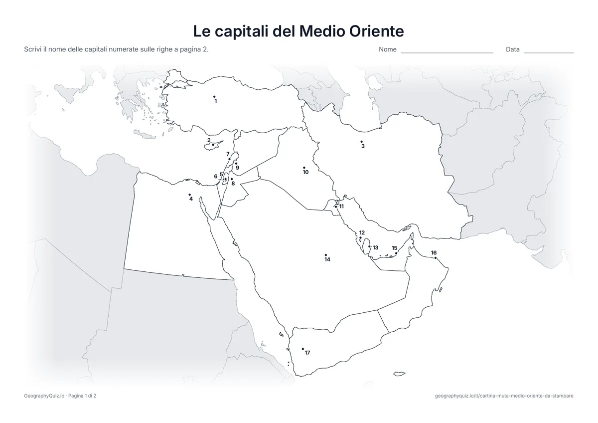 Anteprima della scheda da stampare “Le capitali del Medio Oriente”: Ogni capitale è segnata con un punto numerato