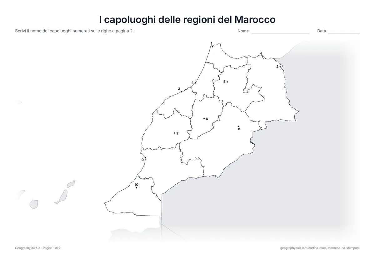 Anteprima della scheda da stampare “I capoluoghi delle regioni del Marocco”: Ogni capoluogo è segnato con un punto numerato