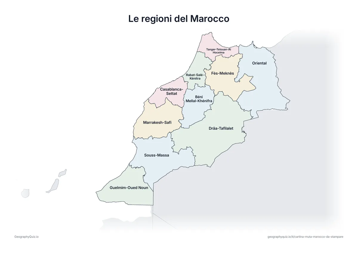Anteprima della scheda da stampare “Le regioni del Marocco”: Cartina del Marocco con tutti i nomi: cartina di riferimento per la lezione e per correggere le risposte