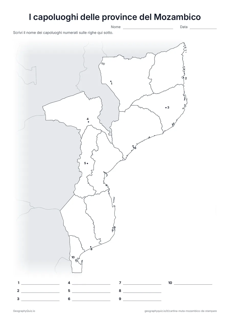 Anteprima della scheda da stampare “I capoluoghi delle province del Mozambico”: Il capoluogo di ognuna delle 10 province è segnato con un punto numerato, da Pemba a Matola