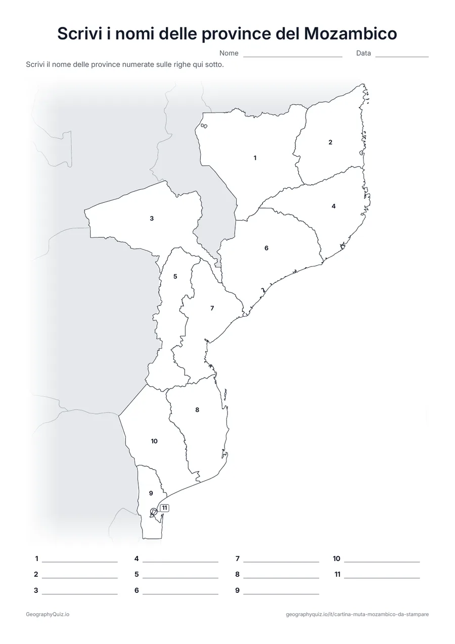Anteprima della scheda da stampare “Scrivi i nomi delle province del Mozambico”: Cartina con i numeri di tutte le 10 province e la città di Maputo