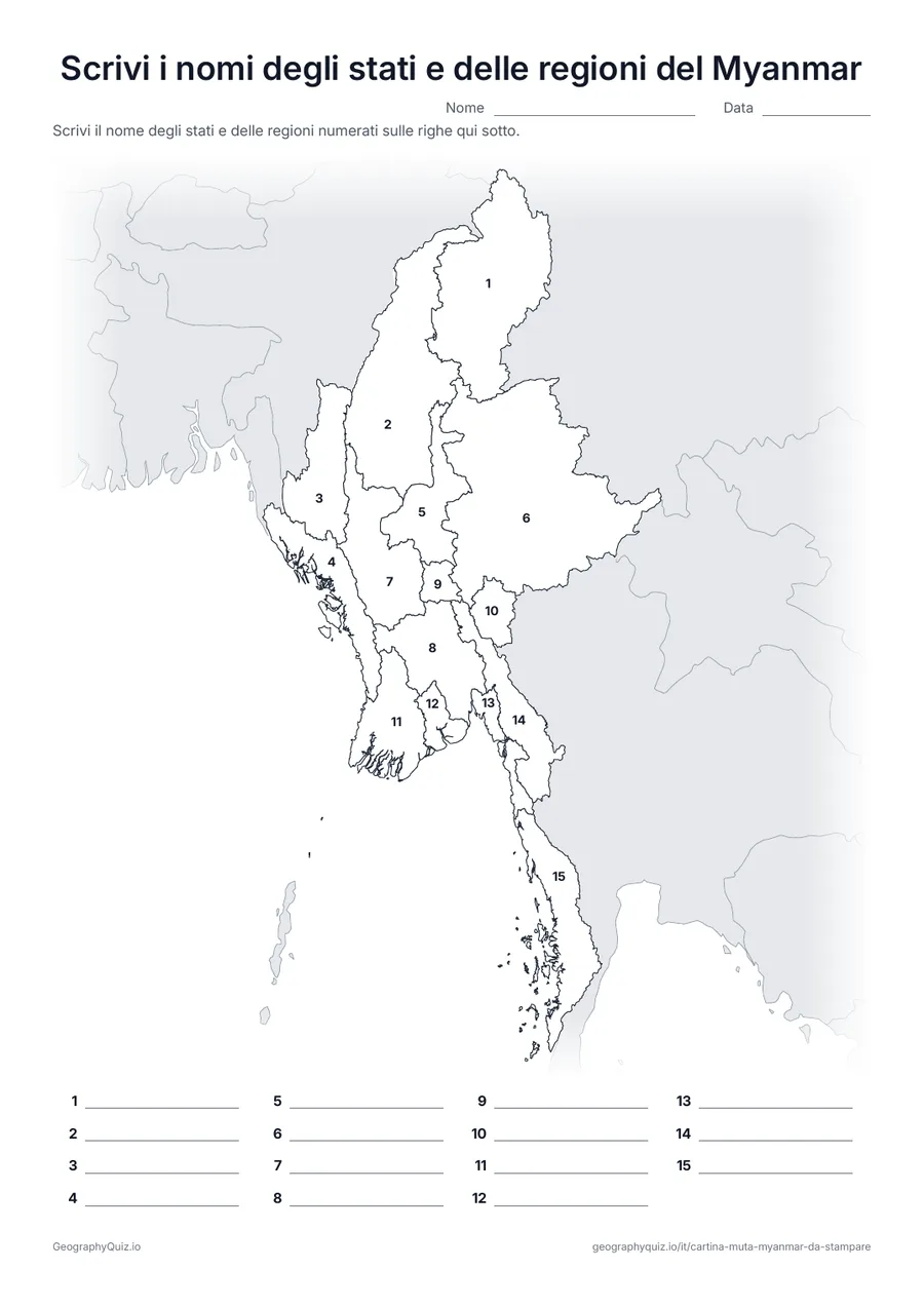 Anteprima della scheda da stampare “Scrivi i nomi degli stati e delle regioni del Myanmar”: Cartina con i numeri di tutti i 7 stati, le 7 regioni e il territorio dell’Unione di Naypyidaw