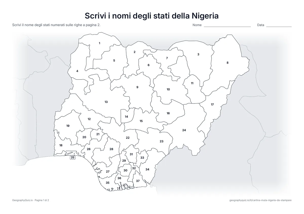 Anteprima della scheda da stampare “Scrivi i nomi degli stati della Nigeria”: Cartina con i numeri di tutti i 36 stati e il Territorio della Capitale Federale