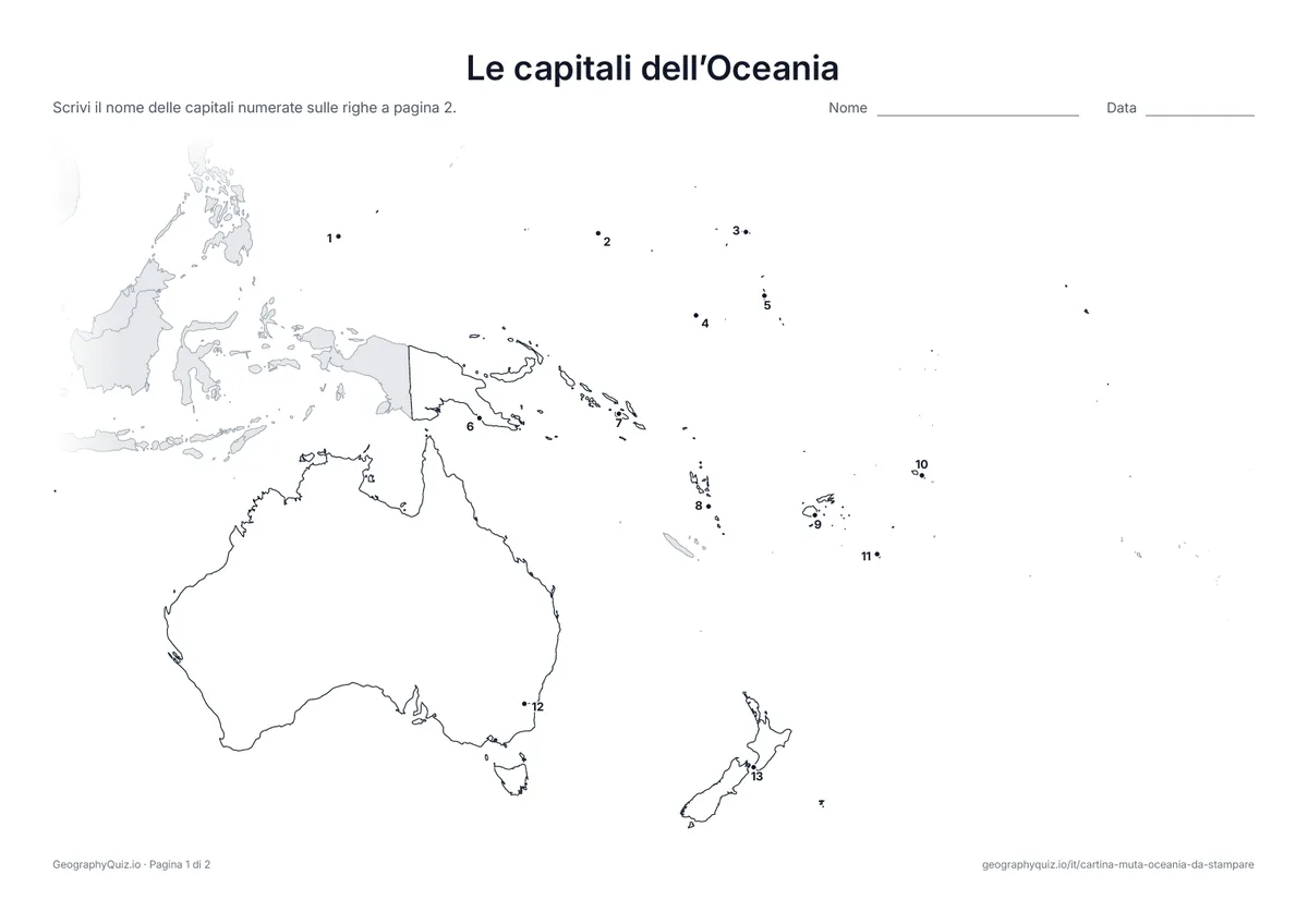 Anteprima della scheda da stampare “Le capitali dell’Oceania”: Ogni capitale è segnata con un punto numerato