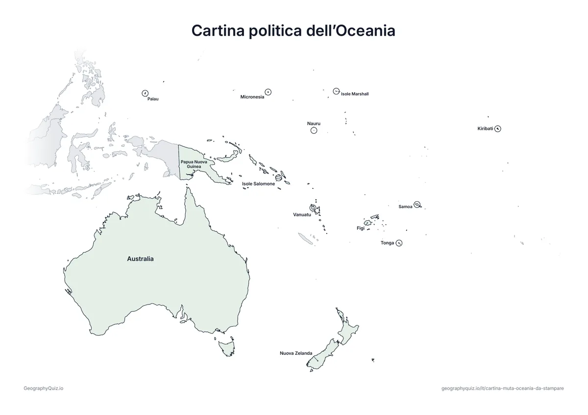 Anteprima della scheda da stampare “Cartina politica dell’Oceania”: La stessa cartina con i nomi di tutti i 14 paesi: per spiegare, ripassare o correggere le schede degli alunni
