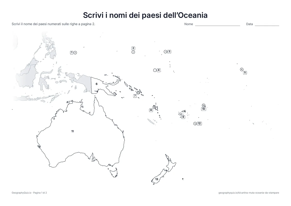 Anteprima della scheda da stampare “Scrivi i nomi dei paesi dell’Oceania”: Ogni paese ha un numero