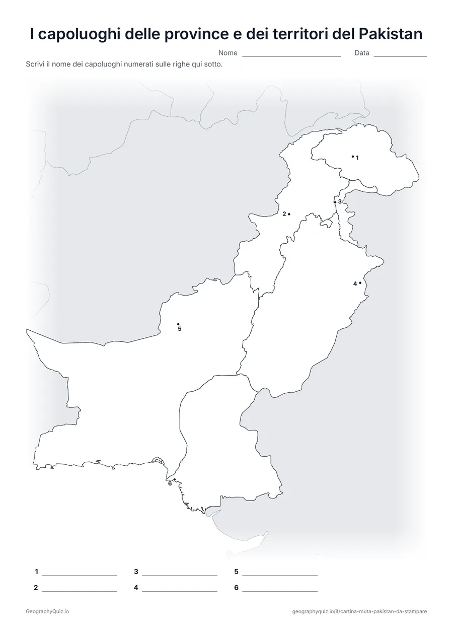 Anteprima della scheda da stampare “I capoluoghi delle province e dei territori del Pakistan”: Il capoluogo di ogni provincia, del Gilgit-Baltistan e dell’Azad Kashmir è segnato con un punto numerato