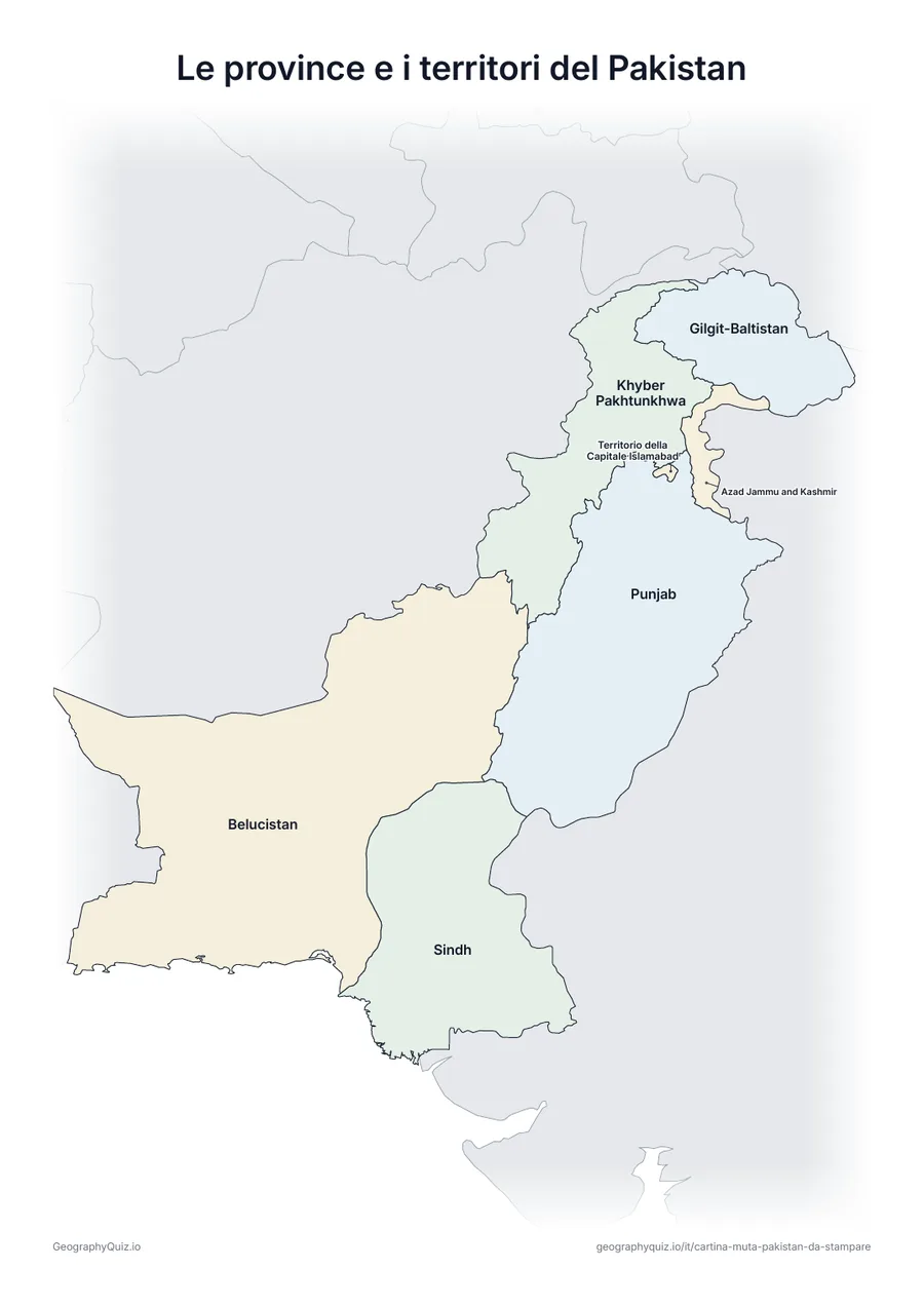 Anteprima della scheda da stampare “Le province e i territori del Pakistan”: Cartina del Pakistan con tutti i nomi: cartina di riferimento per la lezione e per correggere le risposte