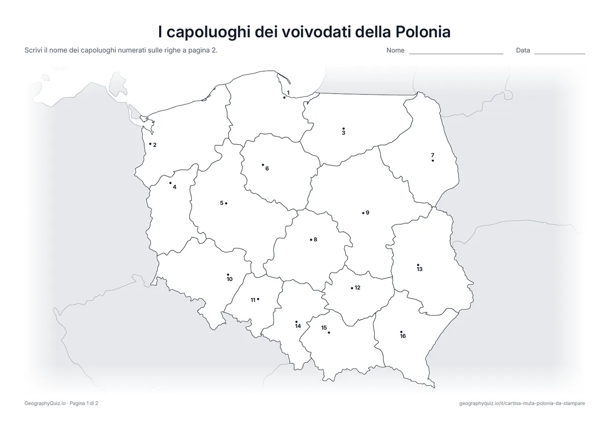 Anteprima della scheda da stampare “I capoluoghi dei voivodati della Polonia”: Il capoluogo di ogni voivodato è segnato con un punto numerato